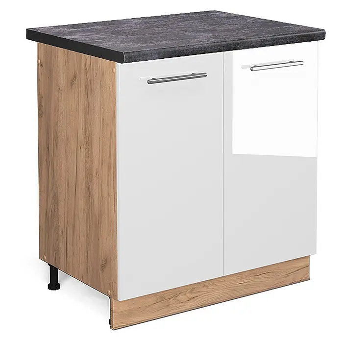 Vicco Schrankküche Fame-Line Weiß Hochglanz, AP Anthrazit - Weiß Hochglanz, Spülenunterschrank 80 cm, AP Anthrazit - Weißer Hochglanz-Küchenunterschrank mit dunkler Arbeitsplatte und Holzoptik-Seitenwand.