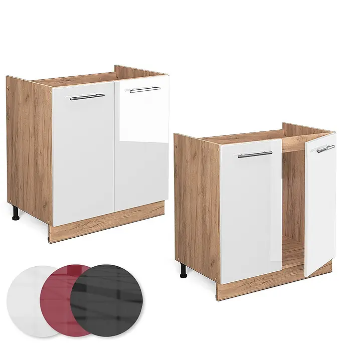 Vicco Schrankküche Fame-Line Weiß Hochglanz ohne Arbeitsplatte - Weiß Hochglanz, Spülenunterschrank 80 cm - Zwei Küchenunterschränke: Korpus Holzoptik, Hochglanz-Weißtüren. Einer geschlossen, einer offen. Inkl. Farbmustern Weiß, Rot, Schwarz.