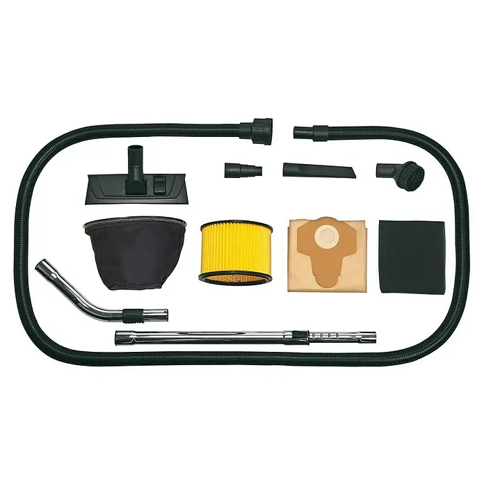 Herkules Elektro-Nass- & Trockensauger H-NT 50 Inox - 1.600 W, 50 l - Das Bild zeigt ein Set von Staubsaugerzubehör, darunter Düsen, Filter, einen Schlauch und ein Teleskoprohr.