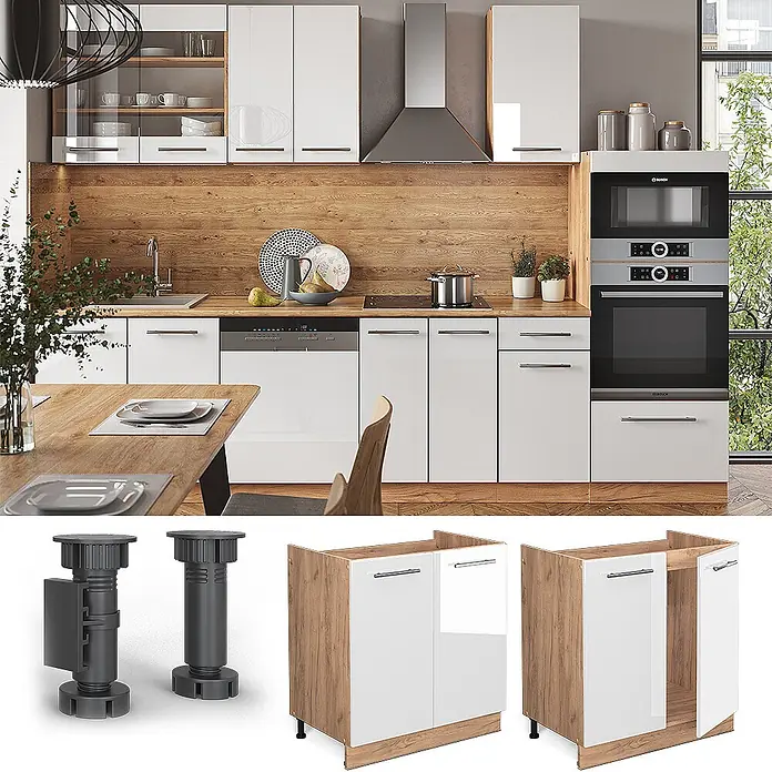 Vicco Schrankküche Fame-Line Weiß Hochglanz, AP Anthrazit - Weiß Hochglanz, Spülenunterschrank 80 cm, AP Anthrazit - Moderne Küche mit weißen Hochglanz-Unterschränken mit Holz-Akzenten. Nahaufnahmen zeigen Schrankelemente und verstellbare Füße.