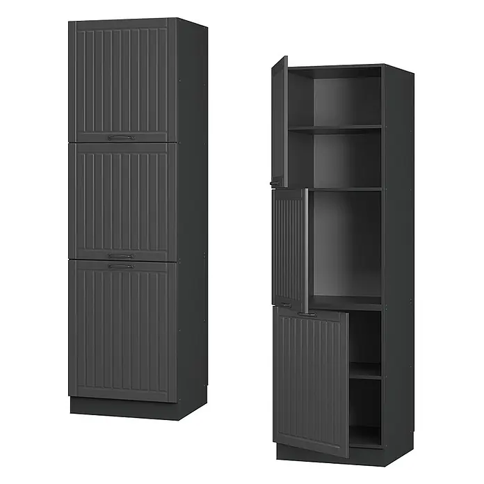 Vicco Schrankküche Fame-Line Dunkelgrau - Dunkelgrau, Herdumbauschrank hoch 60 cm - Dunkelgrauer Hochschrank mit geriffelten Türen, teilweise geöffnet, um Regalböden zu zeigen.