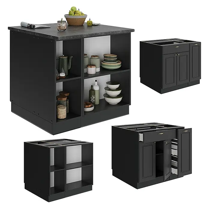 Vicco Kücheninsel Fame-Line, Anthrazit-Gold Landhaus, 90 cm -  - Schwarze modulare Küchenschränke, dargestellt als Insel mit Regalen und einzelnen Unterschränken mit Türen und Schubladen.