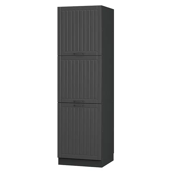 Vicco Schrankküche Fame-Line Dunkelgrau - Dunkelgrau, Herdumbauschrank hoch 60 cm - Hoher, dunkelgrauer Schrank mit drei gerillten Türen und dunklen Griffen auf einem Sockel.
