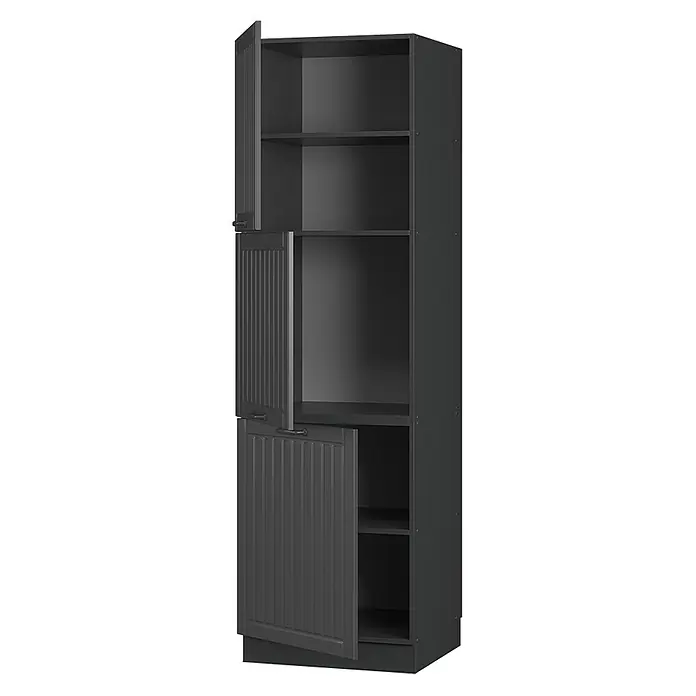 Vicco Schrankküche Fame-Line Dunkelgrau - Dunkelgrau, Herdumbauschrank hoch 60 cm - Hoher, dunkelgrauer Schrank mit offenen gerillten Türen und mehreren Innenablagen.