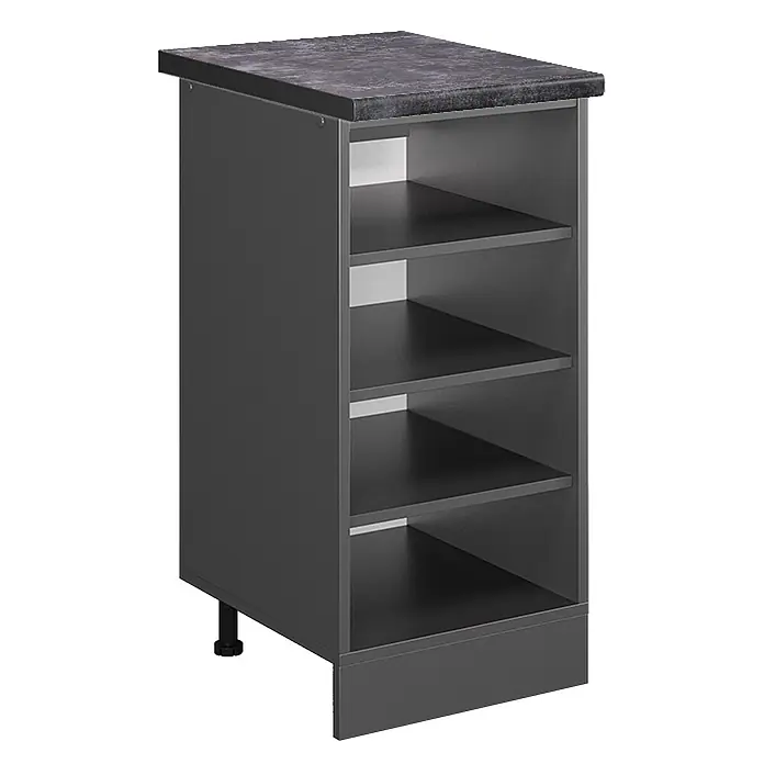 Vicco Schrankküche R-Line Anthrazit, AP Anthrazit - Anthrazit, Regalunterschrank 40 cm, AP Anthrazit - Dunkelgrauer Küchenunterschrank mit offenen Regalen und dunkler gemusterter Arbeitsplatte. Verstellbare Füße.