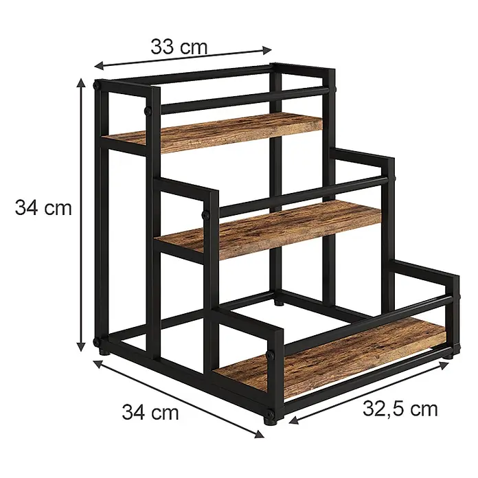 Vicco Schrankküche Fyrk Eiche rustikal mit 3 offenen Fächern - Eiche rustikal, Regal - Dreistufiges Regal aus schwarzem Metall und Holzoptik, 34 cm hoch.