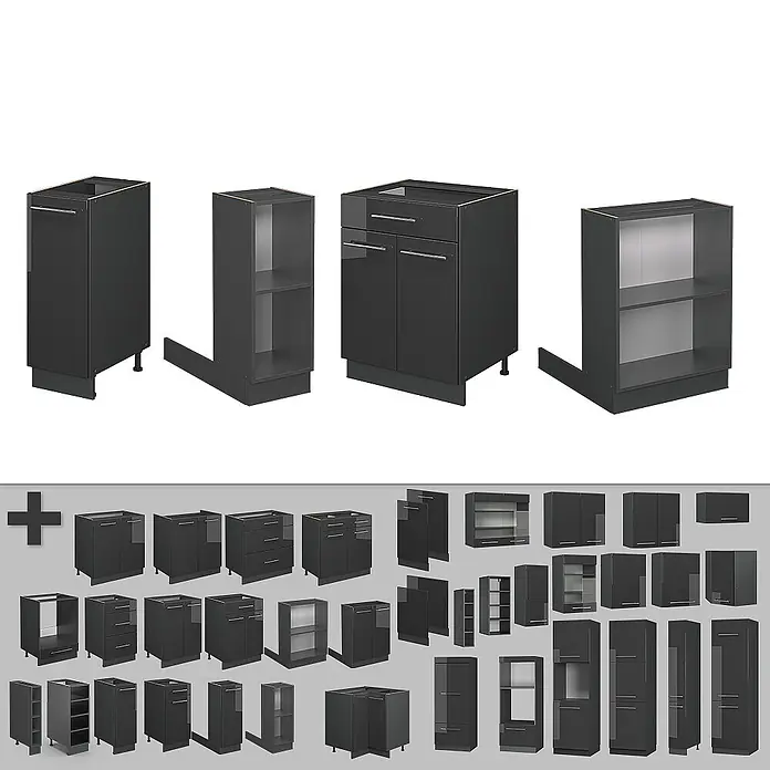 Vicco Kücheninsel Fame-Line, Anthrazit Hochglanz, 90 cm -  - Sammlung dunkelgrauer modularer Küchenschränke mit Türen, Schubladen und offenen Regalen.
