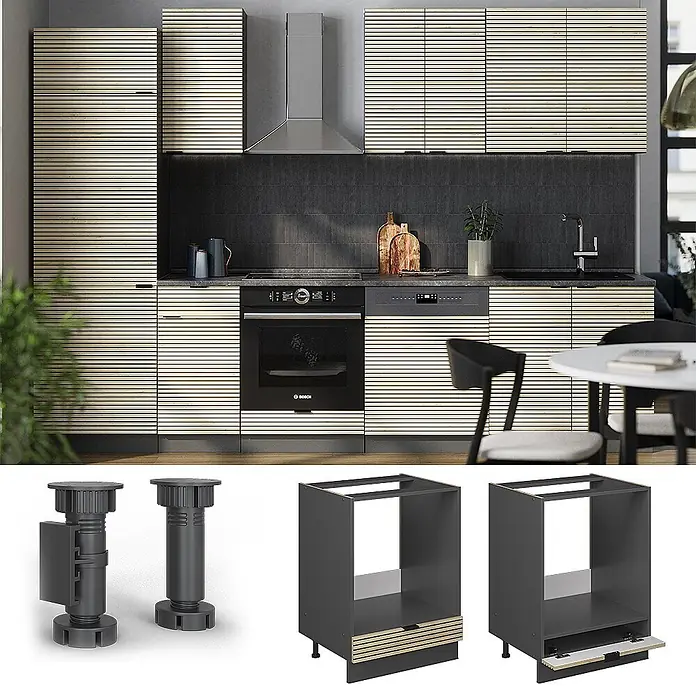 Vicco Schrankküche Fame-Line Eiche Paneel ohne Arbeitsplatte - Eiche Paneel, Herdumbauschrank 60 cm - Modulares Küchensystem mit hellen Lamellenfronten, dunkelgrauen Korpen und verstellbaren Füßen.