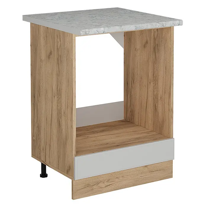 Vicco Schrankküche R-Line Weiß Landhaus AP Marmor - Breite: 60 cm, Weiß Landhaus, Herdumbauschrank 60 cm - Küchenunterschrank aus hellem Holz für Backofen mit grauer Marmor-Arbeitsplatte und grauen Zierleisten.