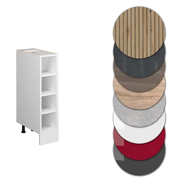 Vicco Schrankküche R-Line Weiß, AP Eiche - Weiß, Regalunterschrank 20 cm, AP Eiche - Weißer Küchenunterschrank mit Regalböden und Materialmustern.
