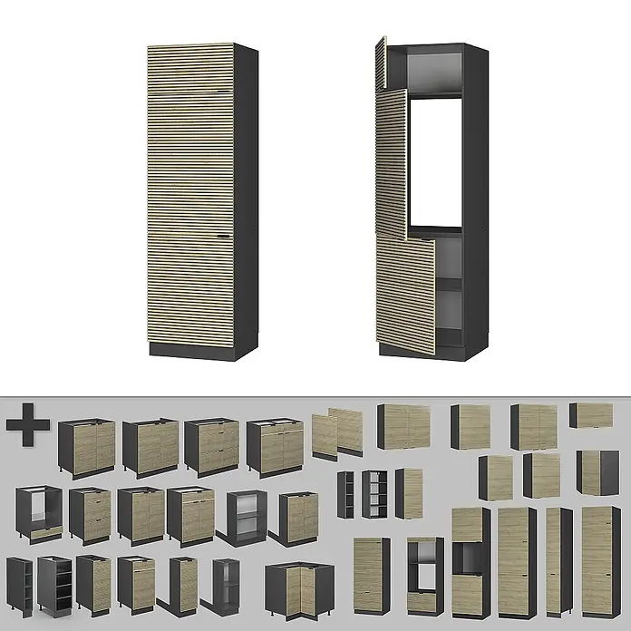 Vicco Schrankküche Fame-Line Eiche Paneel - Eiche Paneel, Kühlumbauschrank 60 cm - Modulares Schranksystem mit Lamellenfronten aus hellem Holz und dunkelgrauen Korpusen, inkl. Hoch-, Unter- und Hängeschränken.