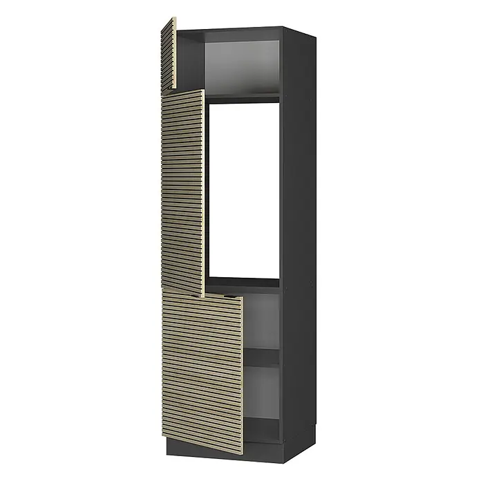 Vicco Schrankküche Fame-Line Eiche Paneel - Eiche Paneel, Kühlumbauschrank 60 cm - Hoher, dunkelgrauer Schrank mit Lamellentüren aus Naturholz; obere und untere Türen offenbaren Regale und ein offenes Mittelteil.