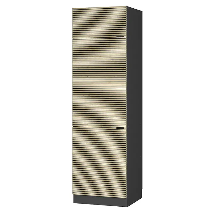 Vicco Schrankküche Fame-Line Eiche Paneel - Eiche Paneel, Kühlumbauschrank 60 cm - Hoher Schrank, helle Holzlamellenfront, dunkelgraue Seiten/Sockel, zwei kleine schwarze Griffe.