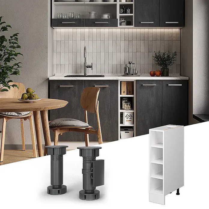 Vicco Schrankküche R-Line Weiß, AP Eiche - Weiß, Regalunterschrank 20 cm, AP Eiche - Verstellbare dunkelgraue Kunststoff-Möbelbeine und ein weißes schmales Küchenmodul mit offenen Fächern.