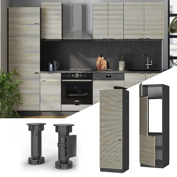 Vicco Schrankküche Fame-Line Eiche Paneel - Eiche Paneel, Kühlumbauschrank 60 cm - Moderne Küche mit hell gestreiften Holzschränken, Geräten, separaten Ansichten von verstellbaren Füßen und einem hohen passenden Schrank.
