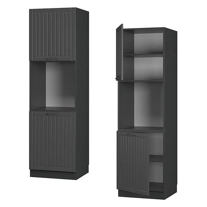 Vicco Schrankküche Fame-Line Dunkelgrau offen - Dunkelgrau, Herdumbauschrank hoch 60 cm offen - Dunkelgrauer Hochschrank mit geriffelten Türen, offenem Mittelteil und Regalböden in den oberen und unteren Fächern.