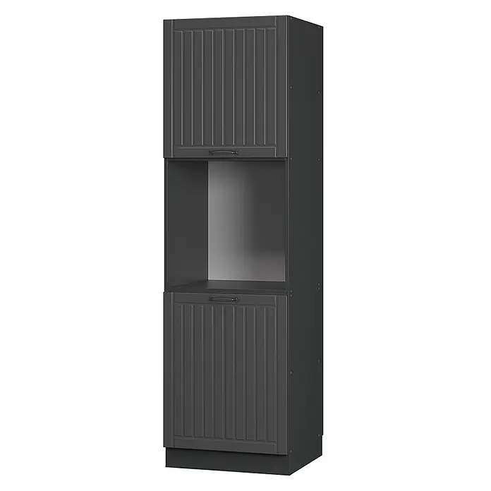 Vicco Schrankküche Fame-Line Dunkelgrau offen - Dunkelgrau, Herdumbauschrank hoch 60 cm offen - Hoher, dunkelgrauer Schrank mit Lamellentüren, offenem Mittelfach und dunklem Sockel.
