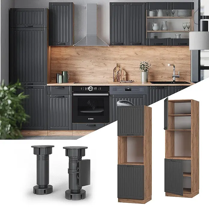 Vicco Schrankküche Fame-Line Dunkelgrau offen - Dunkelgrau, Herdumbauschrank hoch 60 cm offen - Moderne dunkelgraue Küchenschränke mit geriffelten Türen, Holzverkleidungen und modularen Elementen.