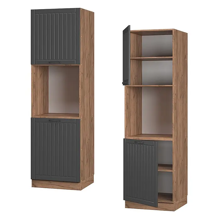 Vicco Schrankküche Fame-Line Dunkelgrau offen - Dunkelgrau, Herdumbauschrank hoch 60 cm offen - Hoher Holzdekor-Schrank mit dunkelgrauen Lamellentüren und offenen Regalfächern, offen und geschlossen gezeigt.