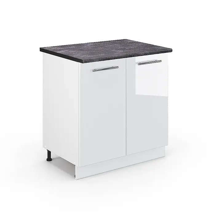 Vicco Schrankküche Fame-Line Weiß Hochglanz mit Regal, AP Anthrazit - Weiß Hochglanz, Unterschrank 80 cm - Weißer zweitüriger Küchenunterschrank mit dunkelgrauer strukturierter Arbeitsplatte, silbernen Griffen und verstellbaren Füßen.
