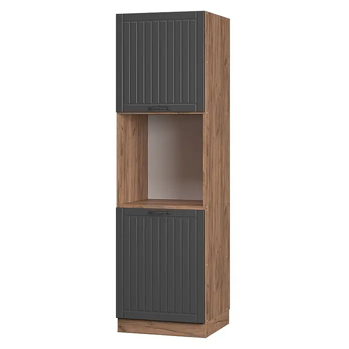 Vicco Schrankküche Fame-Line Dunkelgrau offen - Dunkelgrau, Herdumbauschrank hoch 60 cm offen - Hoher Holzschrank mit dunkelgrauen Lamellentüren und offener Ablage.