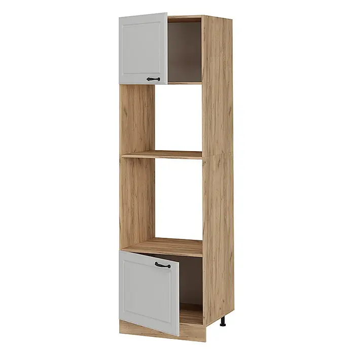 Vicco Schrankküche R-Line Weiß Landhaus - Weiß Landhaus, Mikrowellenschrank 60 cm - Hoher Küchenschrank in heller Holzoptik mit zwei grauen Türen (oben und unten) und offenen Regalfächern.