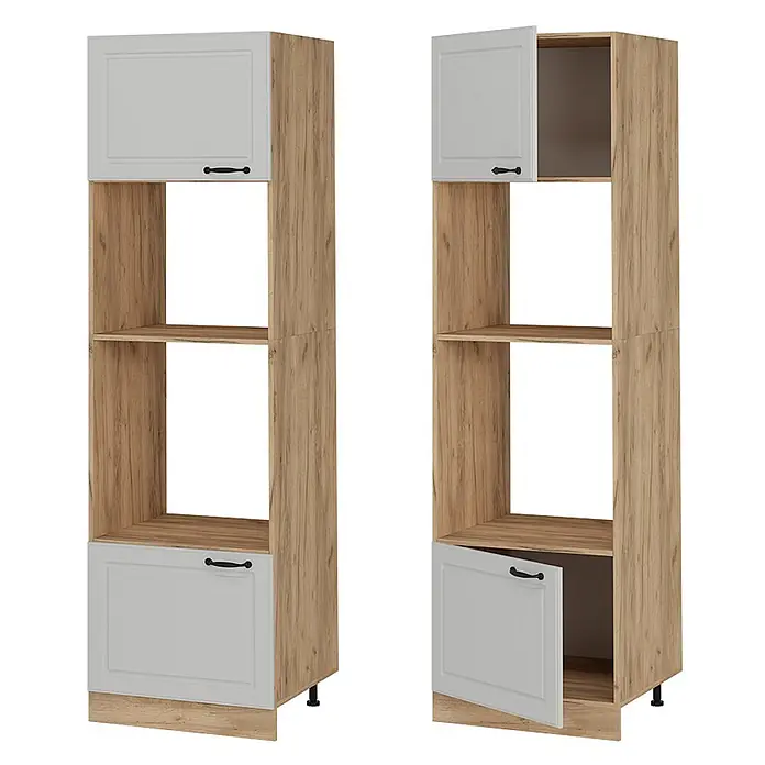 Vicco Schrankküche R-Line Weiß Landhaus - Weiß Landhaus, Mikrowellenschrank 60 cm - Hoher Stauraumschrank in heller Holzoptik mit hellgrauen Türen, zwei offenen und zwei geschlossenen Fächern.
