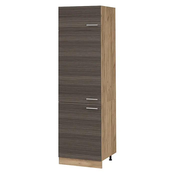 Vicco Schrankküche R-Line Edelgrau - Edelgrau, Kühlumbauschrank 60 cm - Hoher Schrank mit Türen in dunkler Holzoptik und hellen Seiten/Sockel in Holzmaserung, mit silbernen Griffen.