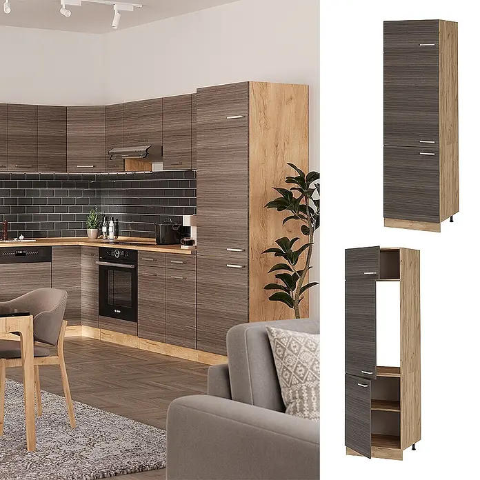 Vicco Schrankküche R-Line Edelgrau - Edelgrau, Kühlumbauschrank 60 cm - Moderne Küchenschrank-Garnitur mit Türen in dunkler Holzmaserung und hellen Holzakzenten, inklusive hohem Vorratsschrank.
