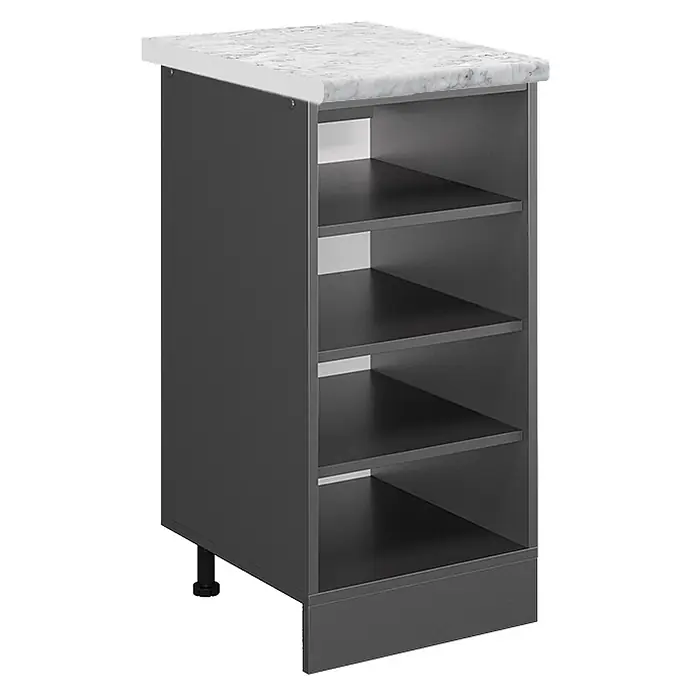 Vicco Schrankküche R-Line Anthrazit AP Marmor - Anthrazit, Regalunterschrank 40 cm, AP Marmor - Dunkelgrauer Küchenunterschrank mit weißer Marmor-Effekt-Arbeitsplatte und vier offenen Regalböden, auf verstellbaren Füßen.