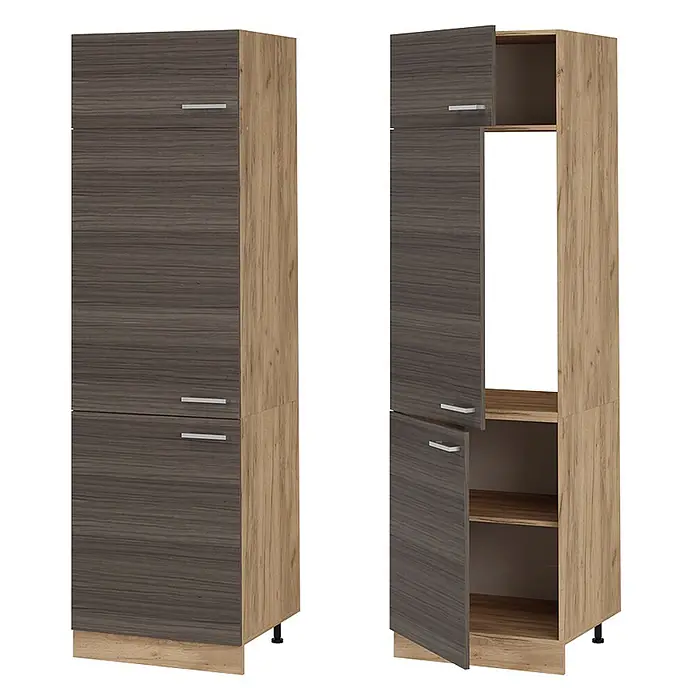 Vicco Schrankküche R-Line Edelgrau - Edelgrau, Kühlumbauschrank 60 cm - Hoher Stauraumschrank mit dunklen Holzmaserungstüren und hellem Holzrahmen. Mit Regalen, teils hinter Türen mit silbernen Griffen, und offenen Fächern.
