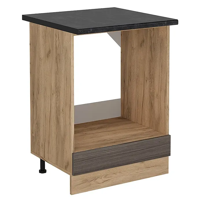 Vicco Schrankküche R-Line Edelgrau, AP Anthrazit - Edelgrau, Herdumbauschrank 60 cm, AP Anthrazit - Küchenunterschrank in Holzoptik mit schwarzer Arbeitsplatte, offener Nische für ein Gerät und dunkelgrauer Sockelblende.