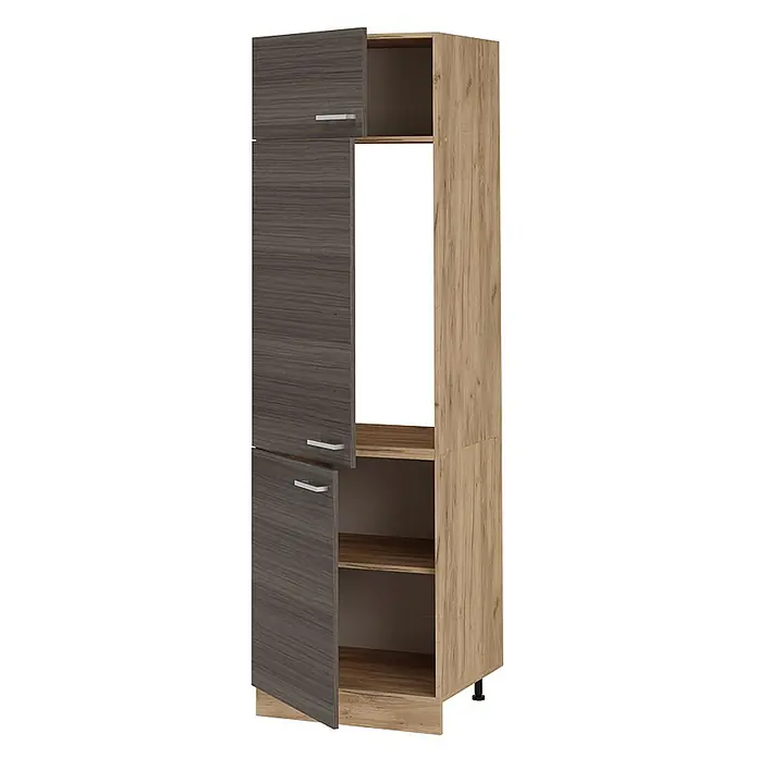 Vicco Schrankküche R-Line Edelgrau - Edelgrau, Kühlumbauschrank 60 cm - Zweifarbiger Hochschrank mit dunkelgrauen Holzmaserungstüren und hellem Holzmaserungsrahmen, mit offenen und geschlossenen Fächern.