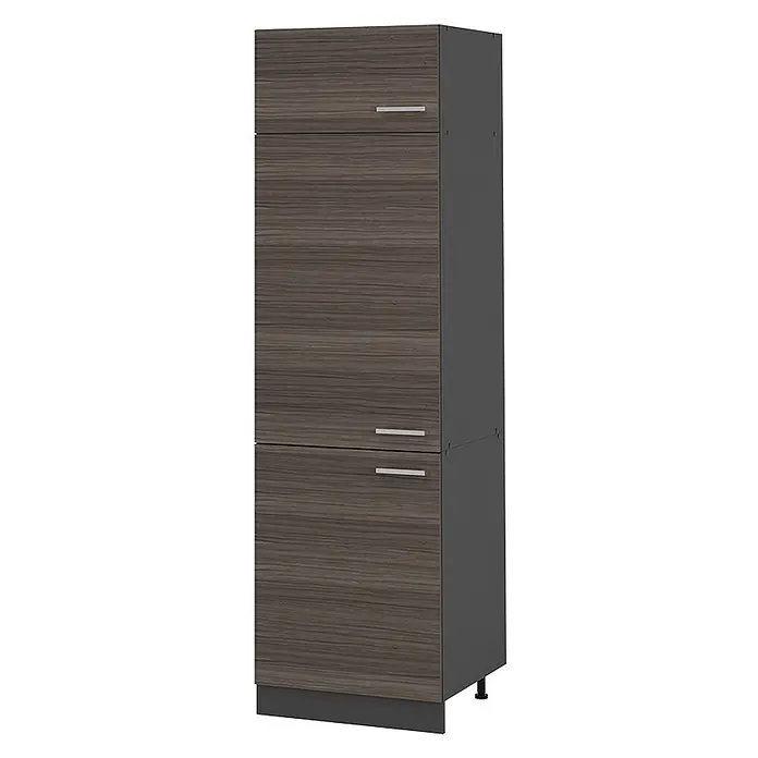 Vicco Schrankküche R-Line Edelgrau - Edelgrau, Kühlumbauschrank - Hoher Schrank in dunkler Holzoptik mit dunkelgrauen Seiten und Sockel, mit silbernen Stangengriffen an mehreren Türen/Schubladen.