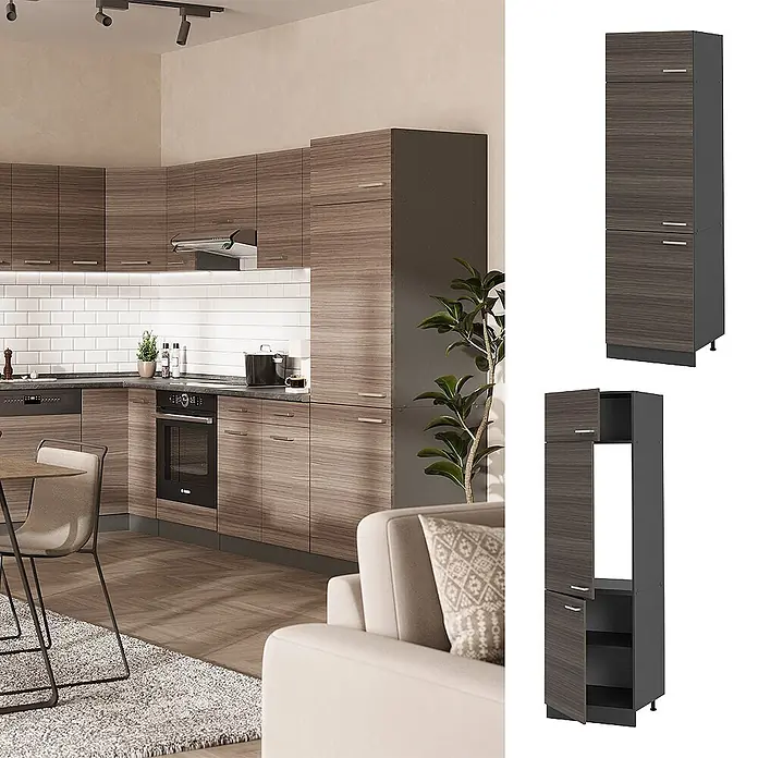 Vicco Schrankküche R-Line Edelgrau - Edelgrau, Kühlumbauschrank - Hoher Küchenschrank in dunkler Holzmaserung für Speisekammer oder Einbauofen, in Küche und isoliert dargestellt.