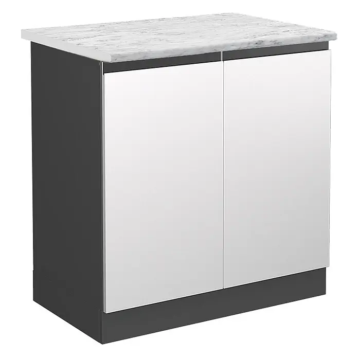Vicco Schrankküche R-Line Weiß J-Shape AP Marmor - Weiß, Spülenunterschrank 80 cm grifflos, AP Marmor - Dunkelgrauer Unterschrank mit weißer Marmorplatte und zwei weißen Türen.