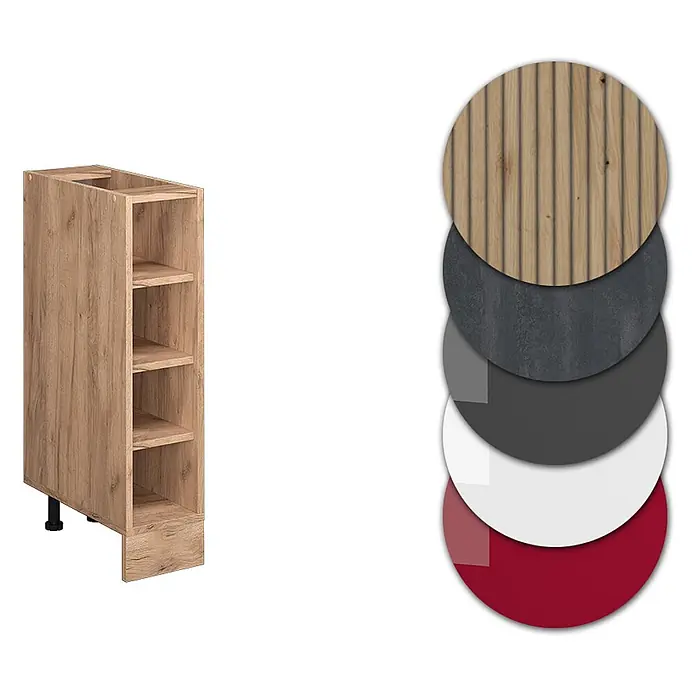 Vicco Schrankküche R-Line Goldkraft Eiche, AP Anthrazit - Goldkraft Eiche, Regalunterschrank 20 cm - Sockelunterschrank in heller Eichenoptik mit offenen Regalen und verschiedenen Materialmustern wie Holz, Beton und Unifarben.