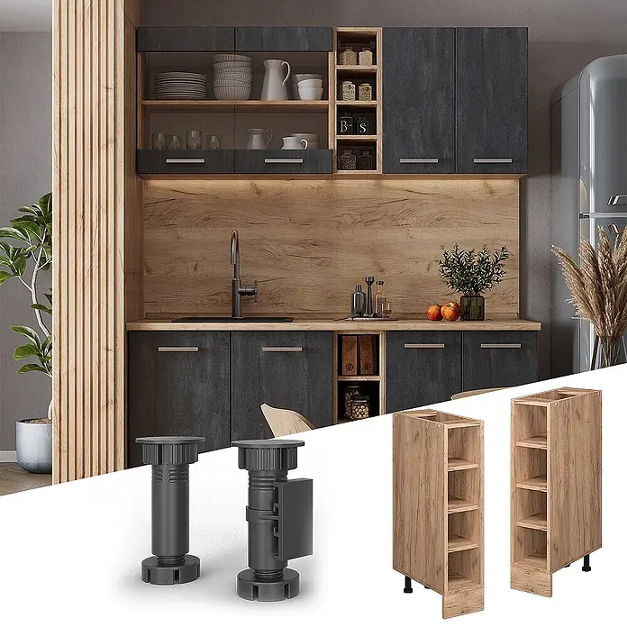 Vicco Schrankküche R-Line Goldkraft Eiche, AP Anthrazit - Goldkraft Eiche, Regalunterschrank 20 cm - Verstellbare dunkelgraue Schrankfüße und zwei schmale Regalelemente in heller Holzoptik für moderne Küchenschränke.
