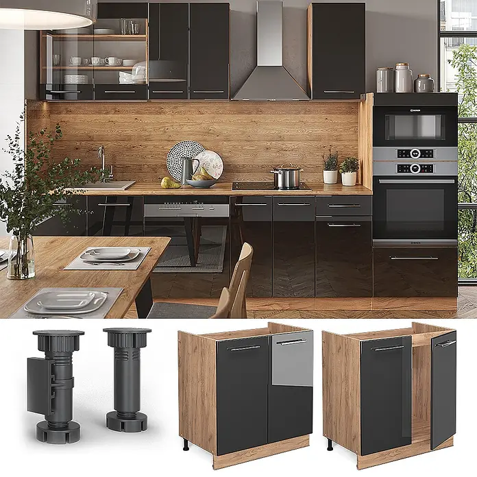 Vicco Schrankküche Fame-Line Anthrazit Hochglanz ohne Arbeitsplatte - Anthrazit Hochglanz, Spülenunterschrank 80 cm - Moderne Küche mit dunklen Hochglanz-Unterschränken, Arbeitsplatten in Holzoptik und verstellbaren Sockelfüßen, in einer funktionalen Küchenumgebung.