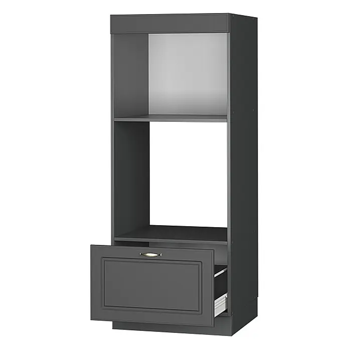 Vicco Schrankküche Fame-Line Anthrazit-Gold Landhaus offen - Anthrazit-Gold Landhaus, Mikrowellenumbauschrank 60 cm (offen) - Dunkelgrauer Hochschrank für Küchengeräte mit offenen Fächern und einer teils geöffneten Schublade mit goldfarbenem Griff.