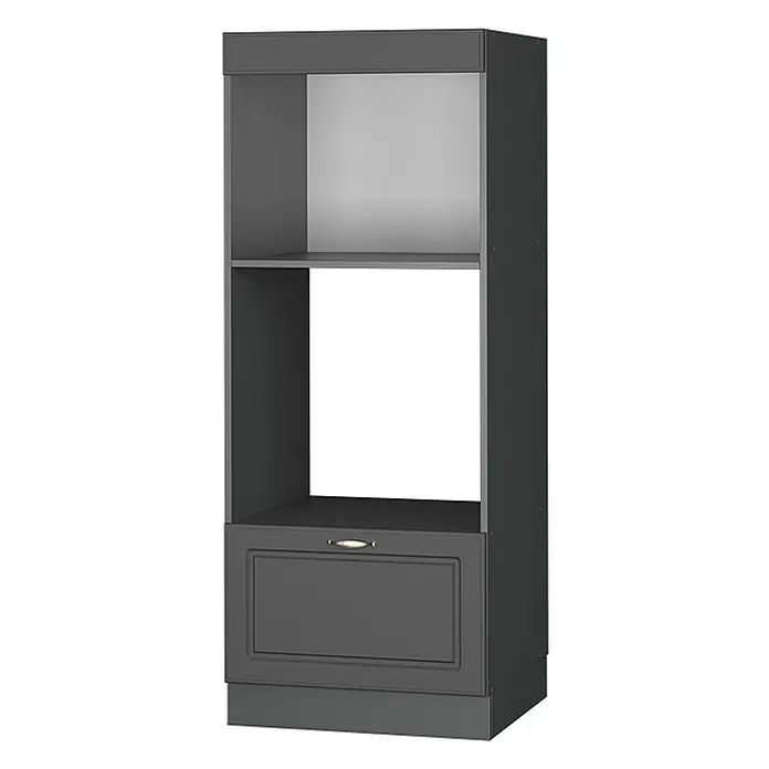 Vicco Schrankküche Fame-Line Anthrazit-Gold Landhaus offen - Anthrazit-Gold Landhaus, Mikrowellenumbauschrank 60 cm (offen) - Dunkelgrauer Küchenhochschrank mit offenen Fächern für Einbaugeräte und einer unteren Schublade mit goldfarbenem Griff.