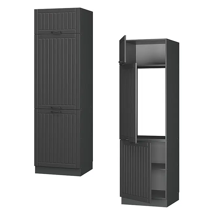 Vicco Schrankküche Fame-Line Dunkelgrau - Dunkelgrau, Kühlumbauschrank 60 cm - Dunkelgrauer Hochschrank mit Paneeltüren, eine geschlossen, eine offen mit Einlegeböden und großem Gerätenischen.