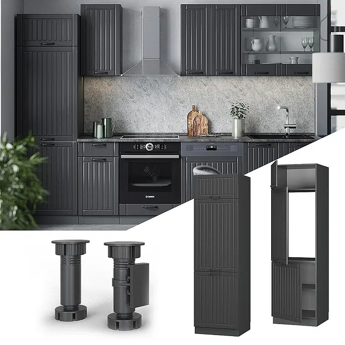 Vicco Schrankküche Fame-Line Dunkelgrau - Dunkelgrau, Kühlumbauschrank 60 cm - Dunkelgraue Küchenanlage mit Schränken in Rillenfront, integrierten Geräten und einem Hochschrank.