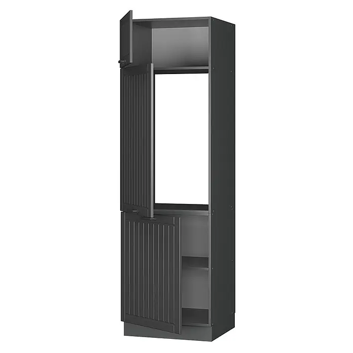 Vicco Schrankküche Fame-Line Dunkelgrau - Dunkelgrau, Kühlumbauschrank 60 cm - Hoher anthrazitfarbener Schrank mit geriffelten Türen, teilweise geöffnet mit Einlegeböden und Gerätefach.