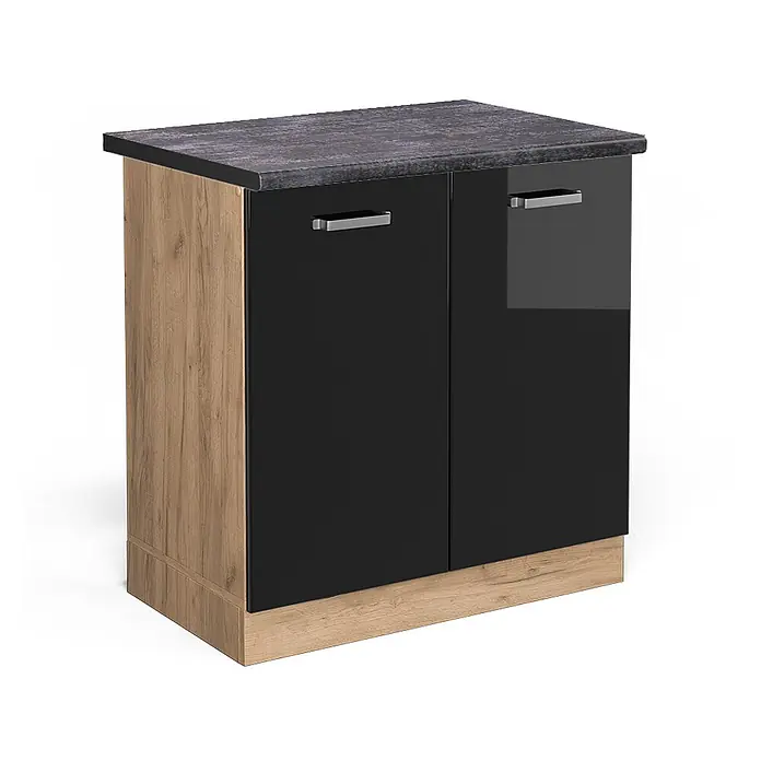 Vicco Schrankküche R-Line Schwarz Hochglanz, AP Anthrazit - Schwarz Hochglanz, Spülenunterschrank 80 cm - Zweitüriger Unterschrank mit dunkelgrauer Arbeitsplatte, hellen Holzseiten und glänzend schwarzen Türen mit silbernen Griffen.