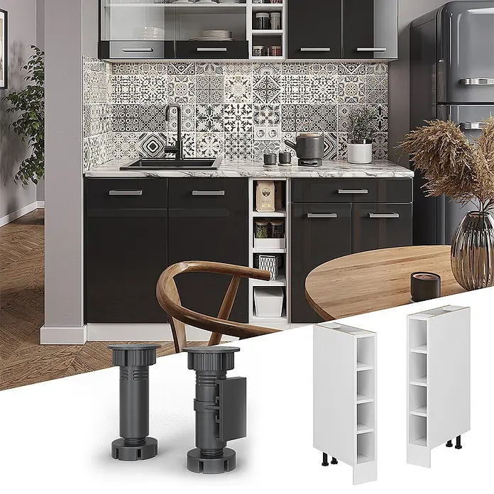 Vicco Schrankküche R-Line Weiß ohne Arbeitsplatte - Weiß, Regalunterschrank 15 cm - Verstellbare dunkelgraue Möbelbeine und weiße, schmale offene Regaleinheiten für die Küchenschrankmontage, in einer modernen Küche gezeigt.