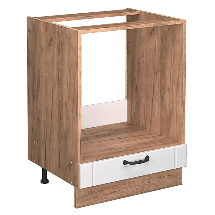 Vicco Schrankküche Fame-Line Weiß Landhaus, AP Marmor - Weiß Landhaus, Herdumbauschrank 60 cm, AP Marmor - Küchenunterschrank in Holzoptik für Einbaugeräte, mit offener Oberseite und einer weißen Schublade mit schwarzem Griff.