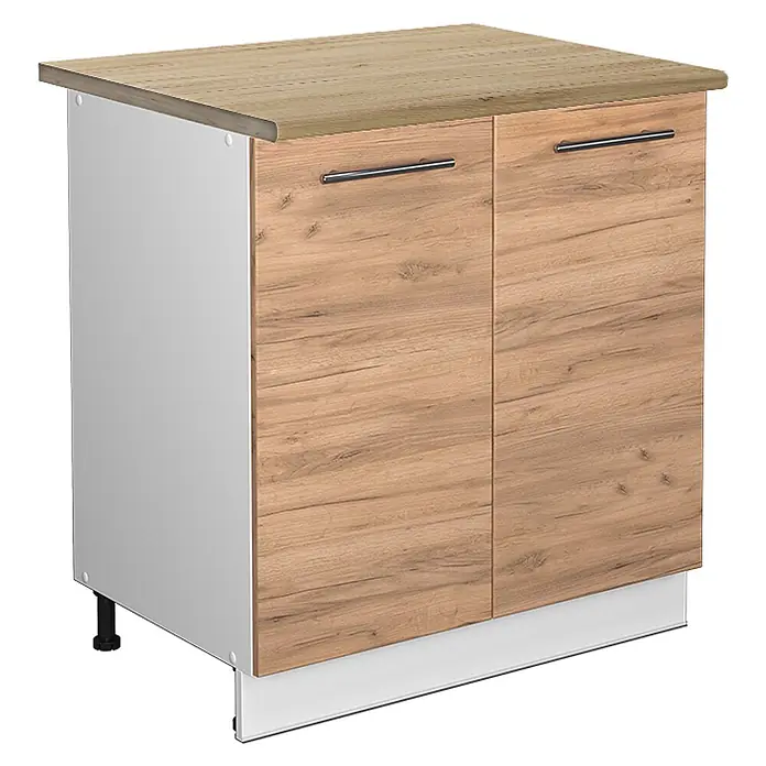 Vicco Schrankküche Fame-Line Goldkraft Eiche mit Regal, AP Eiche - Goldkraft Eiche, Unterschrank 80 cm, AP Eiche - Zweitüriger Küchenunterschrank mit heller Holzmaserung auf Arbeitsplatte und Türen, weißen Seitenwänden, Metallgriffen und verstellbaren Füßen.