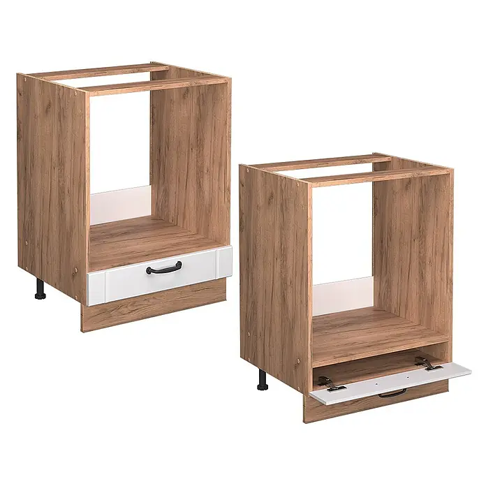 Vicco Schrankküche Fame-Line Weiß Landhaus, AP Marmor - Weiß Landhaus, Herdumbauschrank 60 cm, AP Marmor - Zwei helle Küchenunterschränke in Holzoptik mit weißen Schubladenfronten, einer mit geschlossener Schublade, der andere mit offener Bodenklappe.