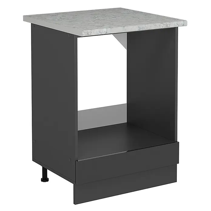 Vicco Schrankküche R-Line Anthrazit Hochglanz AP Marmor - Breite: 60 cm, Anthrazit Hochglanz, Herdumbauschrank 60 cm - Dunkelgrauer Küchenunterschrank mit offener Nische für ein Gerät und weißer Arbeitsplatte in Marmoroptik.